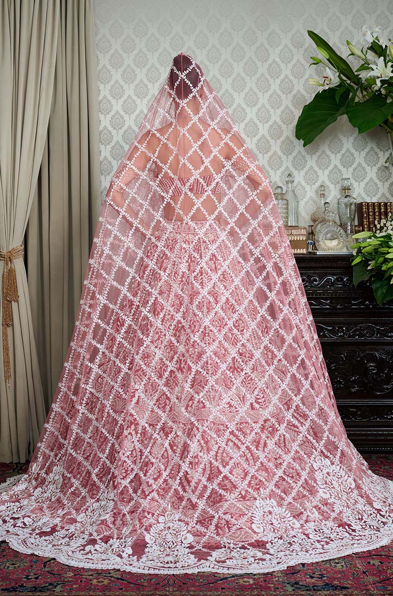 Salmon Pink Velvet Embroidered Lehenga Set