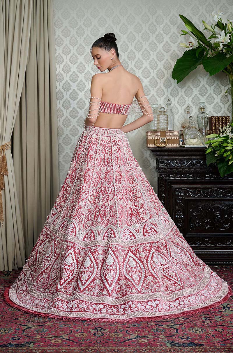 Salmon Pink Velvet Embroidered Lehenga Set