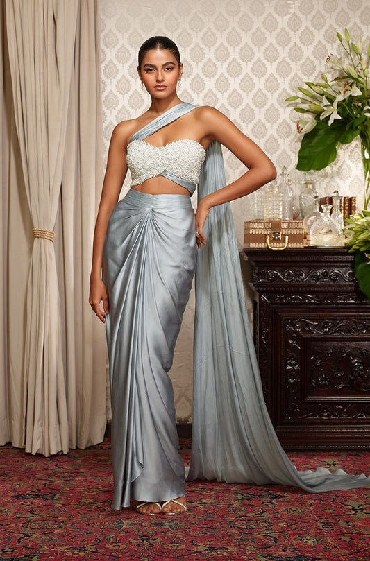 Blue-Grey Draped Skirt Set