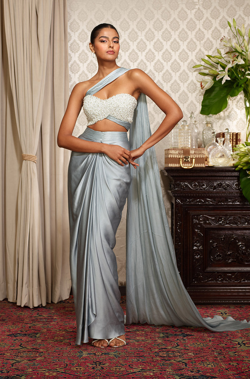 Blue-Grey Draped Skirt Set