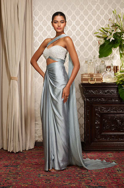Blue-Grey Draped Skirt Set