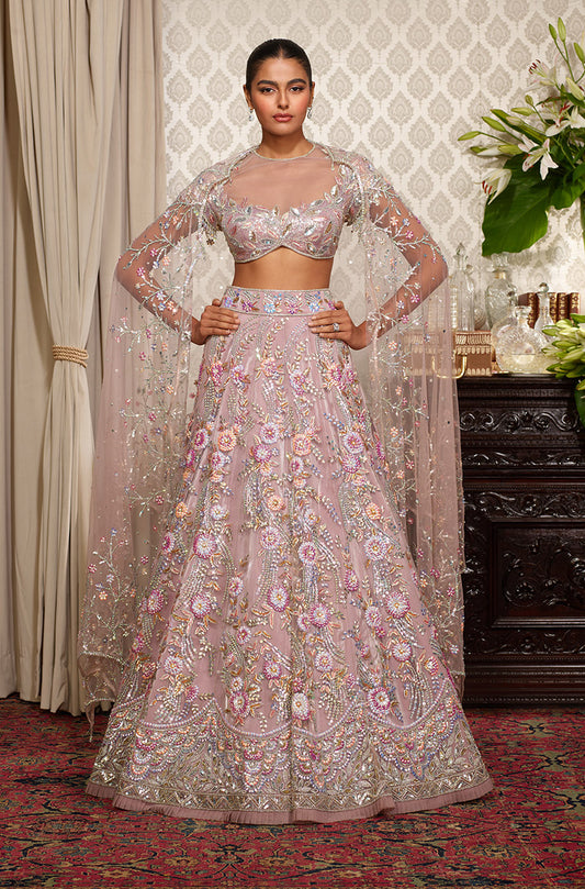 Mauve With Multicoloured 3D Flower Lehenga Set