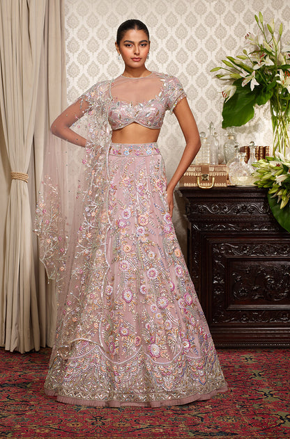 Mauve With Multicoloured 3D Flower Lehenga Set
