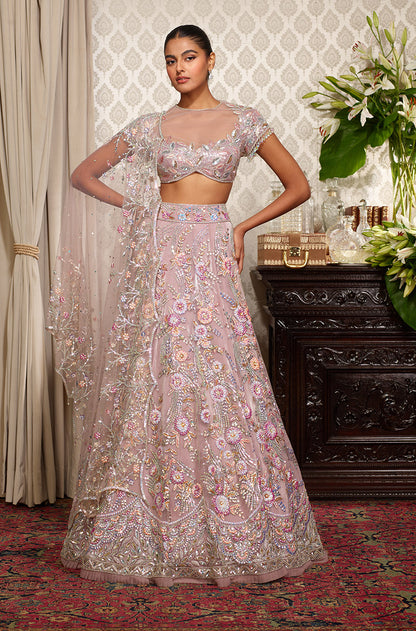 Mauve With Multicoloured 3D Flower Lehenga Set