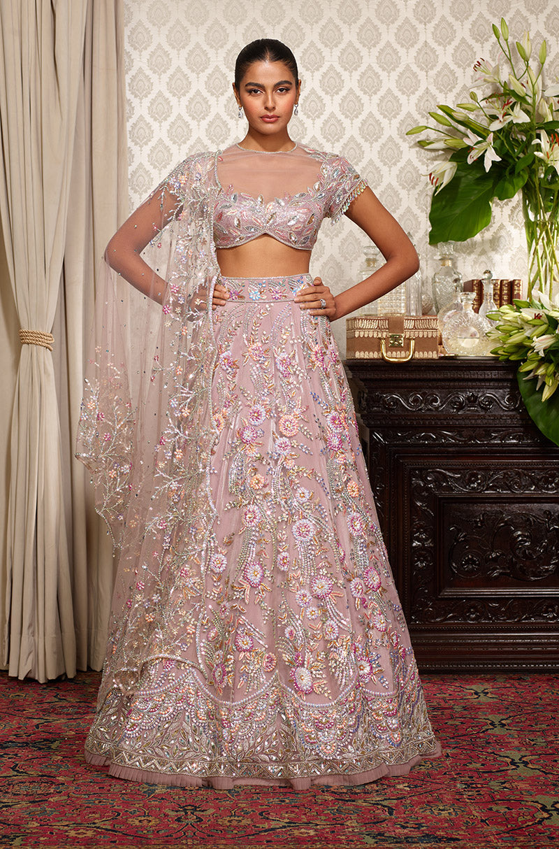 Mauve With Multicoloured 3D Flower Lehenga Set