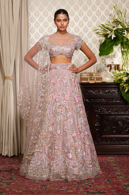 Mauve With Multicoloured 3D Flower Lehenga Set