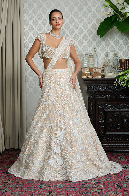 Cream Stone & Thread Leaf Embroidered Lehenga Set