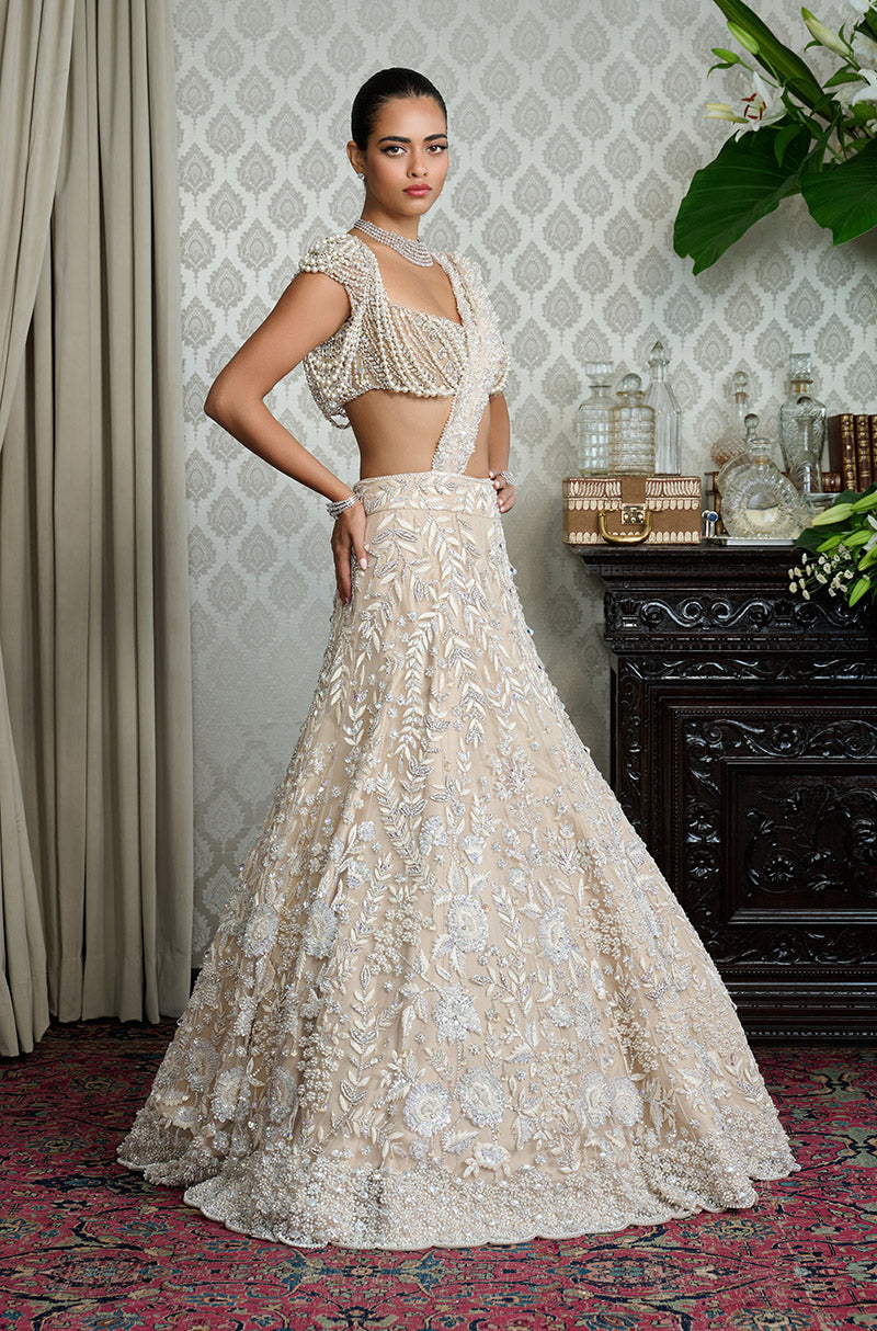 Cream Stone & Thread Leaf Embroidered Lehenga Set