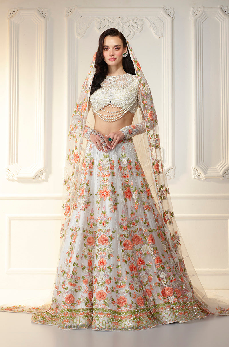 Ivory With Orange Embellished Lehenga Set