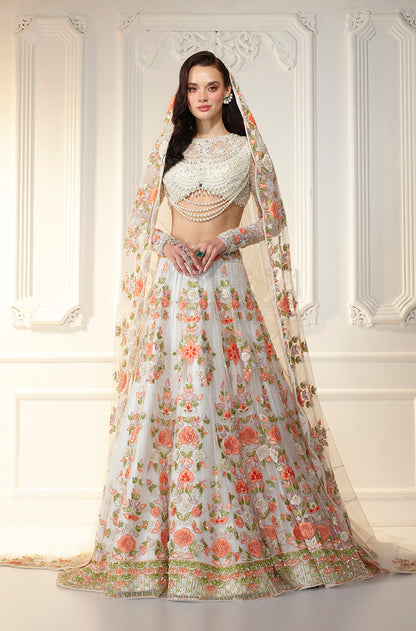 Ivory With Orange Embellished Lehenga Set