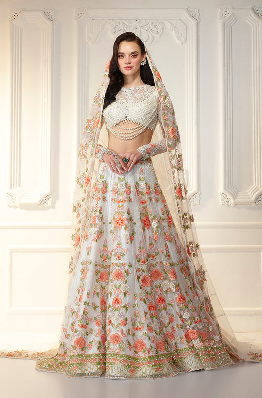 Ivory With Orange Embellished Lehenga Set