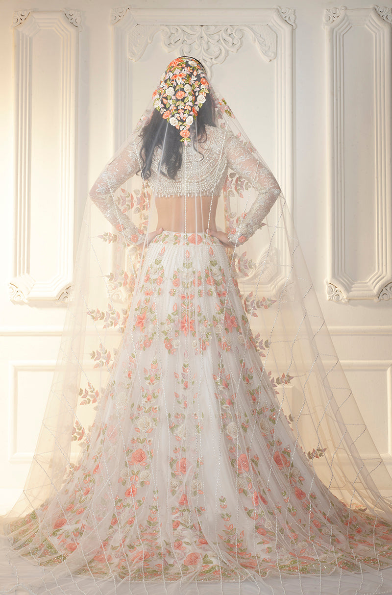Ivory With Orange Embellished Lehenga Set