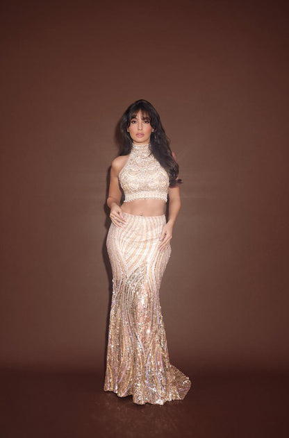 Nora Fatehi in our Champagne Hued Embroidered Skirt Set