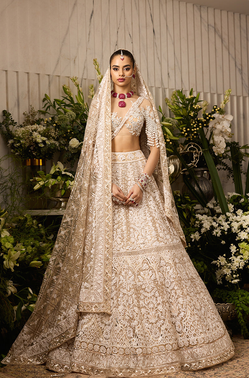 Beige Mijwan Chikankari Embroidered Lehenga Set