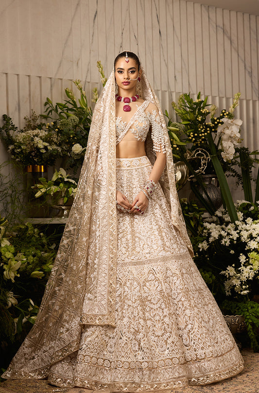 Beige Mijwan Chikankari Embroidered Lehenga Set