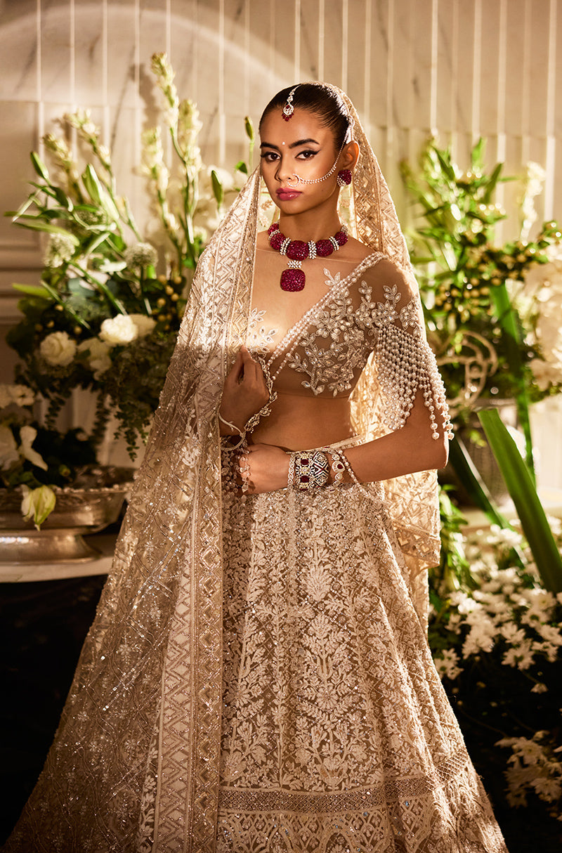 Beige Mijwan Chikankari Embroidered Lehenga Set