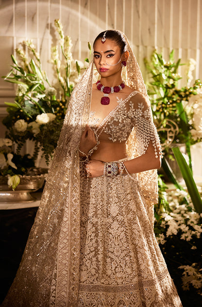 Beige Mijwan Chikankari Embroidered Lehenga Set