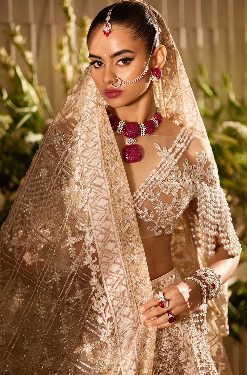 Beige Mijwan Chikankari Embroidered Lehenga Set