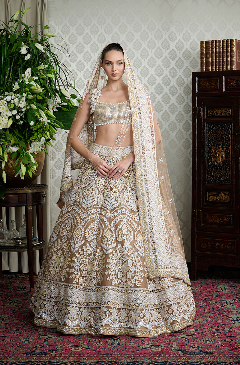 Beige Mijwan Chikankari Badla Highlighted Lehenga Set