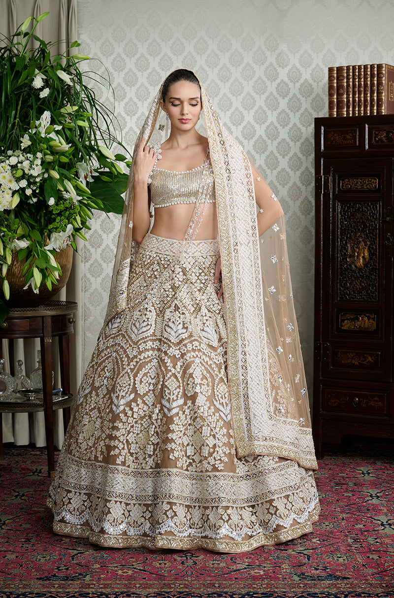 Beige Mijwan Chikankari Badla Highlighted Lehenga Set