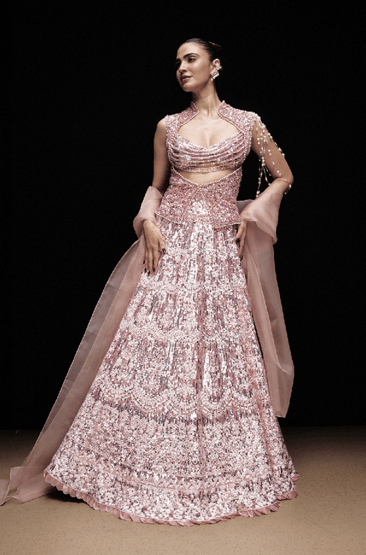 Peach Scallop Mjwan With Self Holographic Sequins Lehenga Set