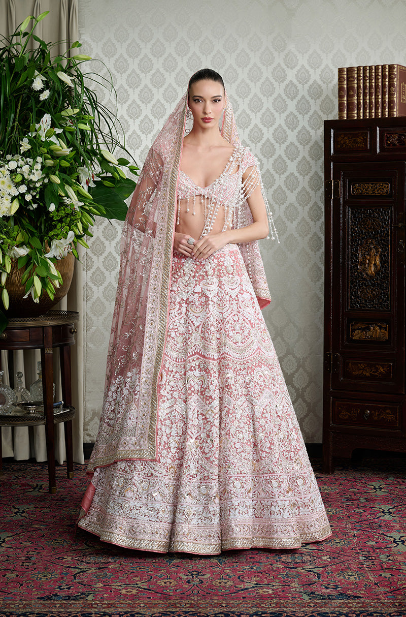Coral Mijwan Chikankari Embroidered Lehenga Set