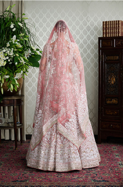Coral Mijwan Chikankari Embroidered Lehenga Set