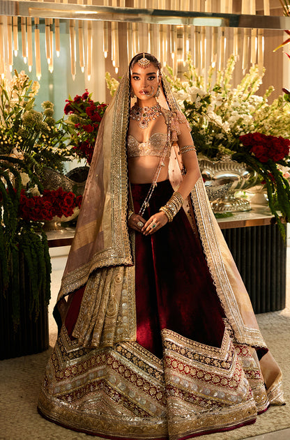 Maroon Velvet with Embroidered Borders Lehenga Set