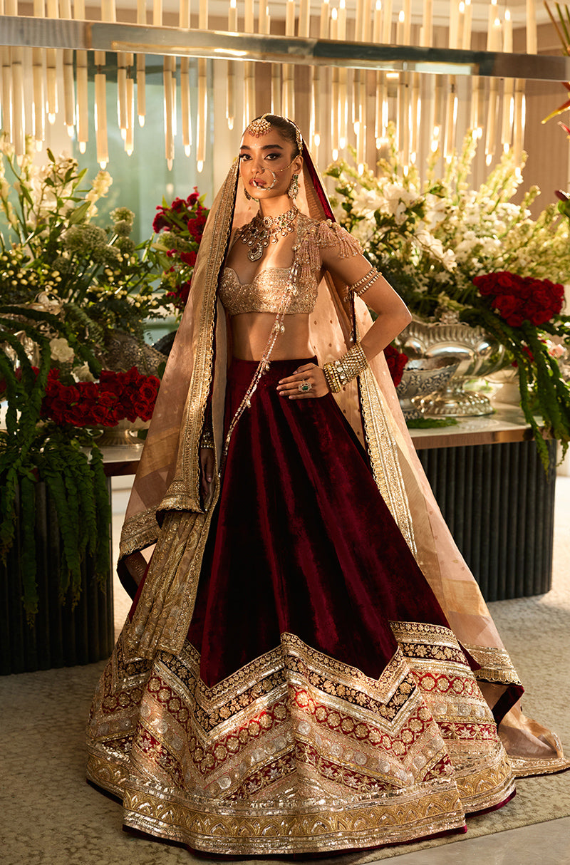 Maroon Velvet with Embroidered Borders Lehenga Set