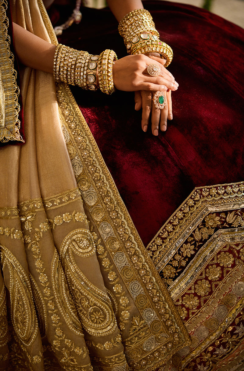 Maroon Velvet with Embroidered Borders Lehenga Set