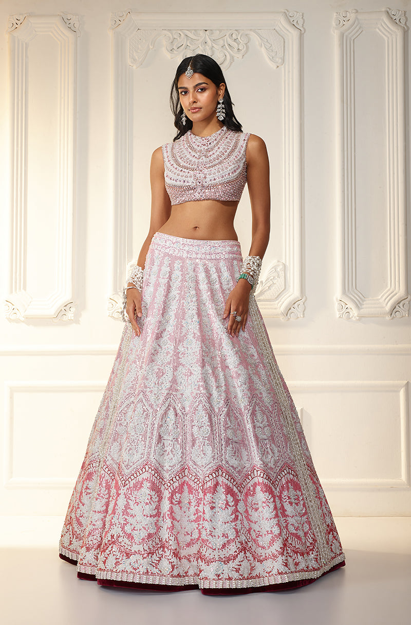 Pink Ombré Shaded Kashmiri Embroidered Lehenga Set