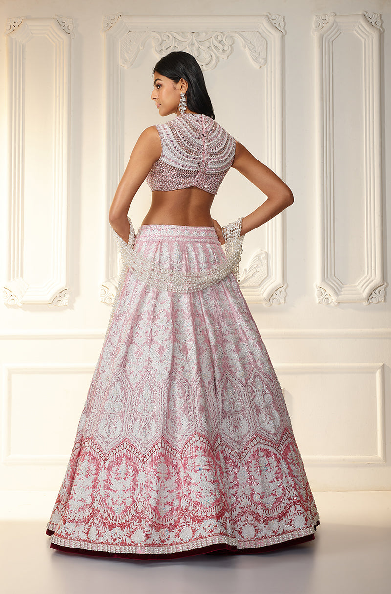 Pink Ombré Shaded Kashmiri Embroidered Lehenga Set