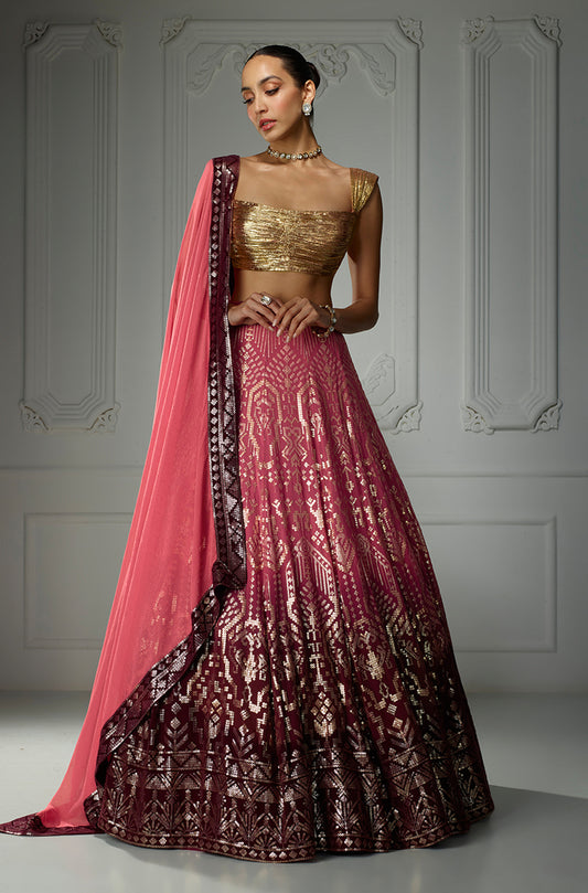 Old Rose to Wine Ombré Aztech Sequin Lehenga Set