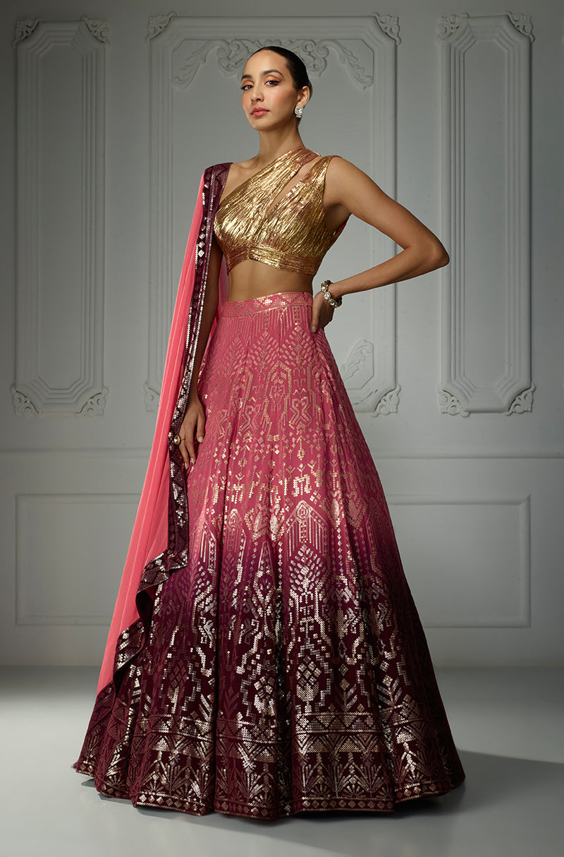 Old Rose to Wine Ombré Aztech Sequin Lehenga Set