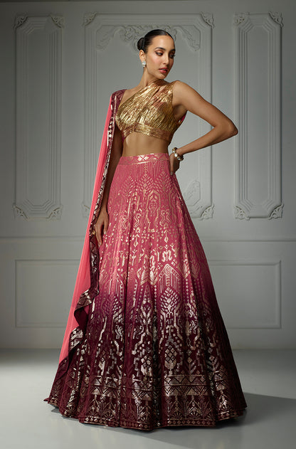 Old Rose to Wine Ombré Aztech Sequin Lehenga Set