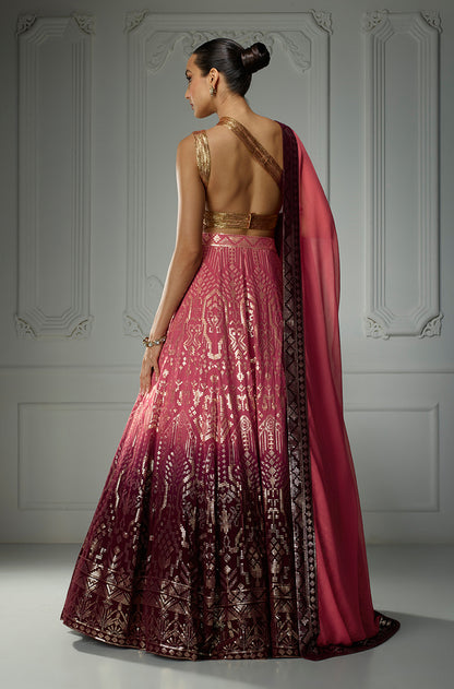 Old Rose to Wine Ombré Aztech Sequin Lehenga Set
