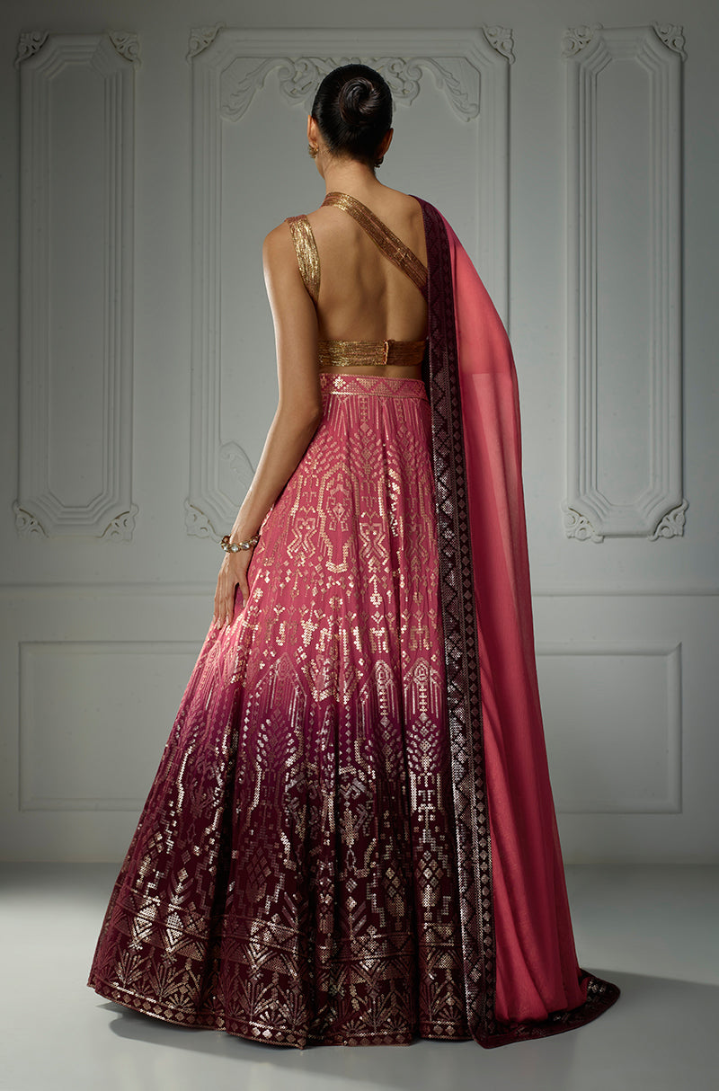Old Rose to Wine Ombré Aztech Sequin Lehenga Set