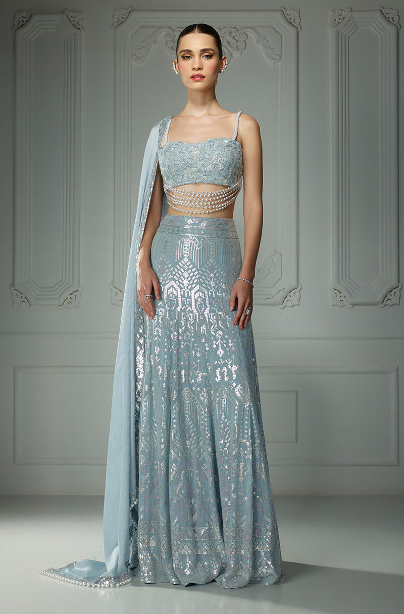 Ice Blue Aztec Rainbow Sequin Lehenga Set