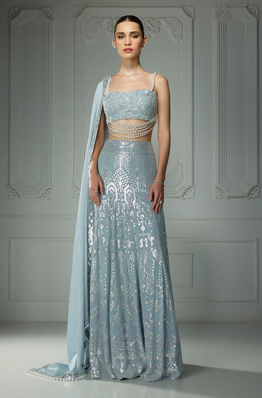 Ice Blue Aztec Rainbow Sequin Lehenga Set
