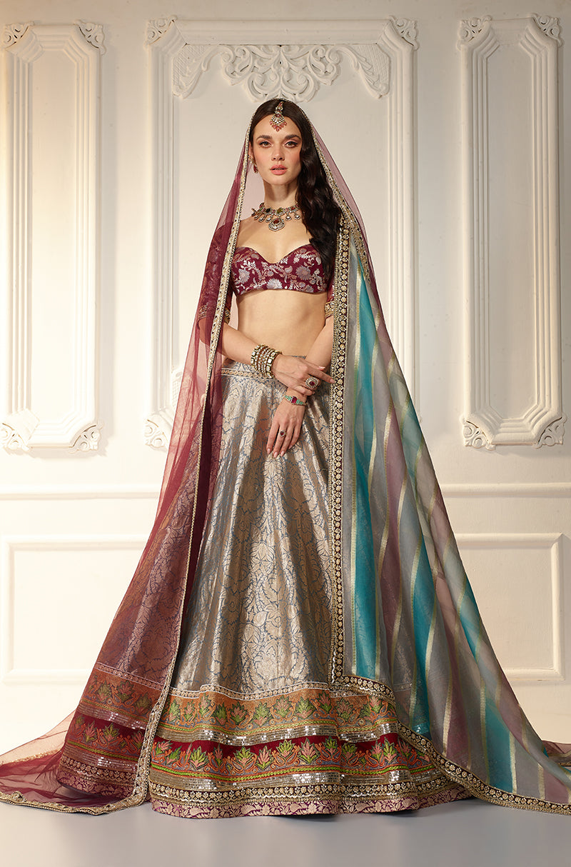 Grey Brocade Lehenga Set