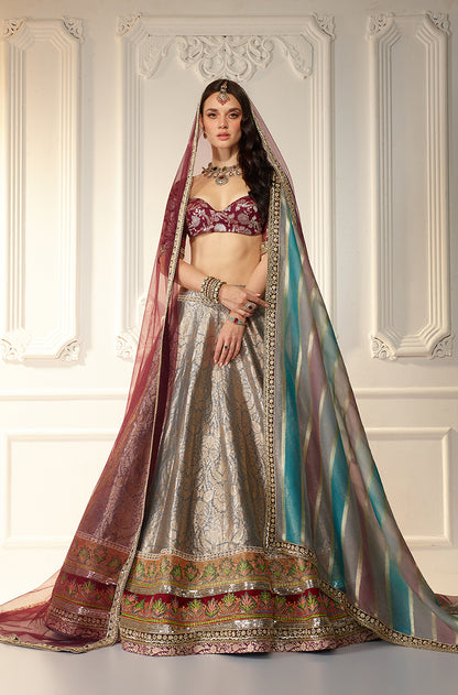 Grey Brocade Lehenga Set