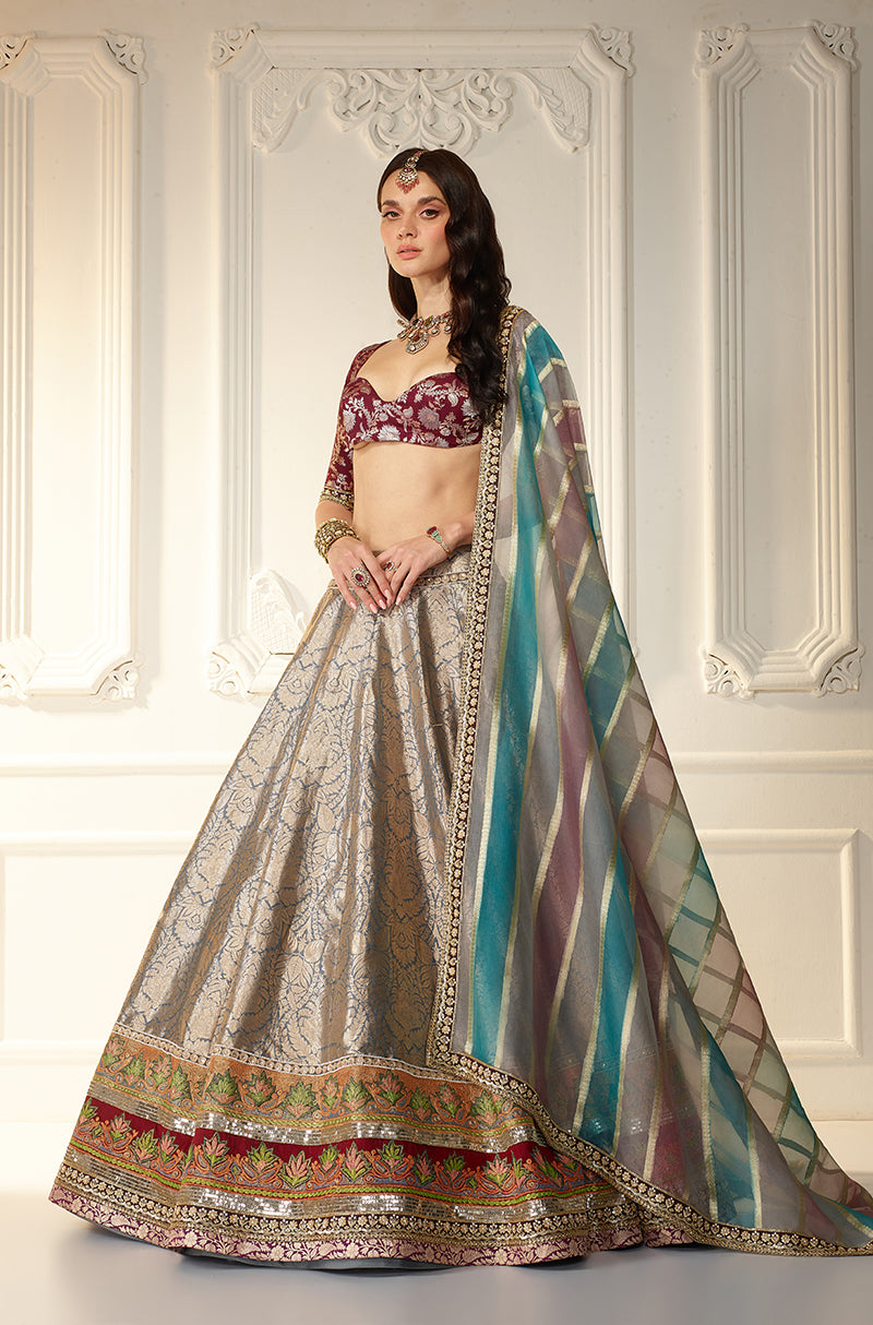 Grey Brocade Lehenga Set