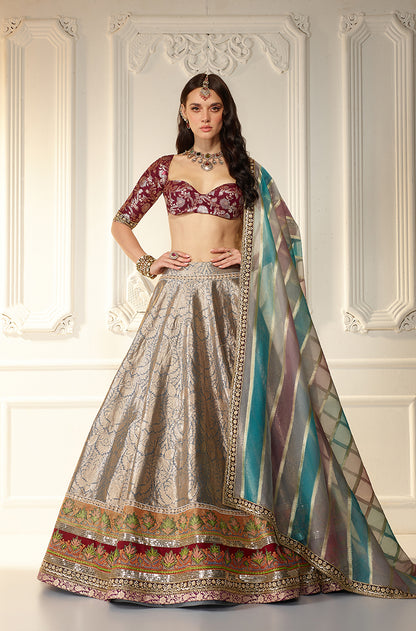 Grey Brocade Lehenga Set