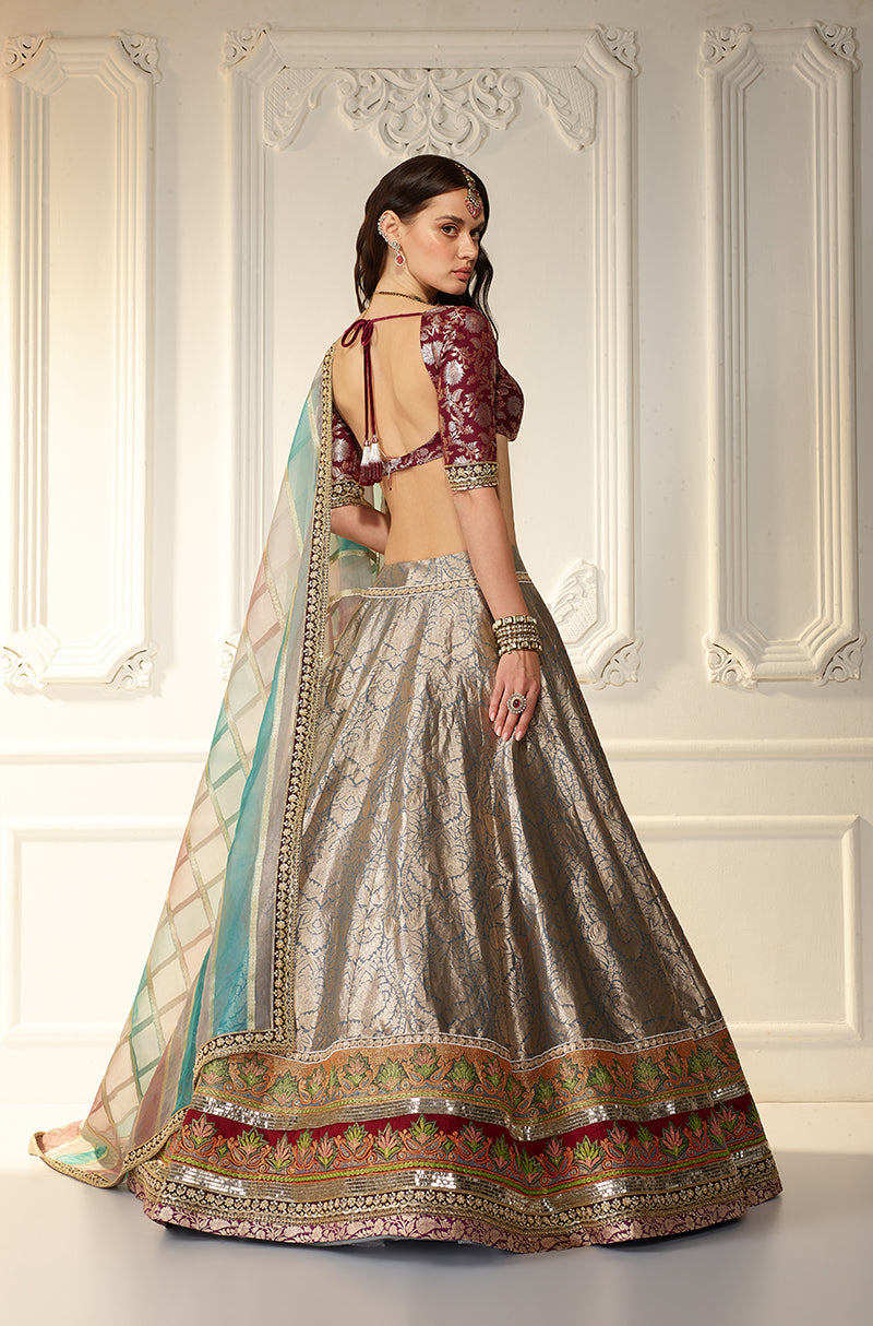 Grey Brocade Lehenga Set