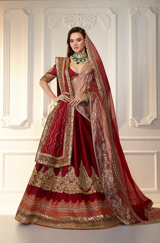 Maroon Raw Silk Paisley Patch 
Embroidered Lehenga Set