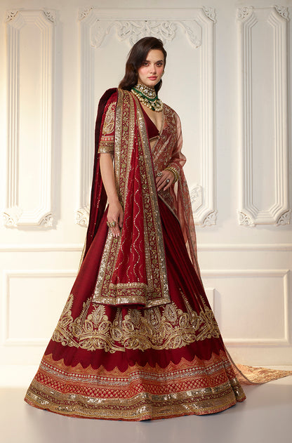 Maroon Raw Silk Paisley Patch 
Embroidered Lehenga Set