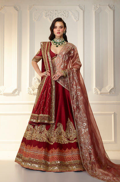 Maroon Raw Silk Paisley Patch 
Embroidered Lehenga Set