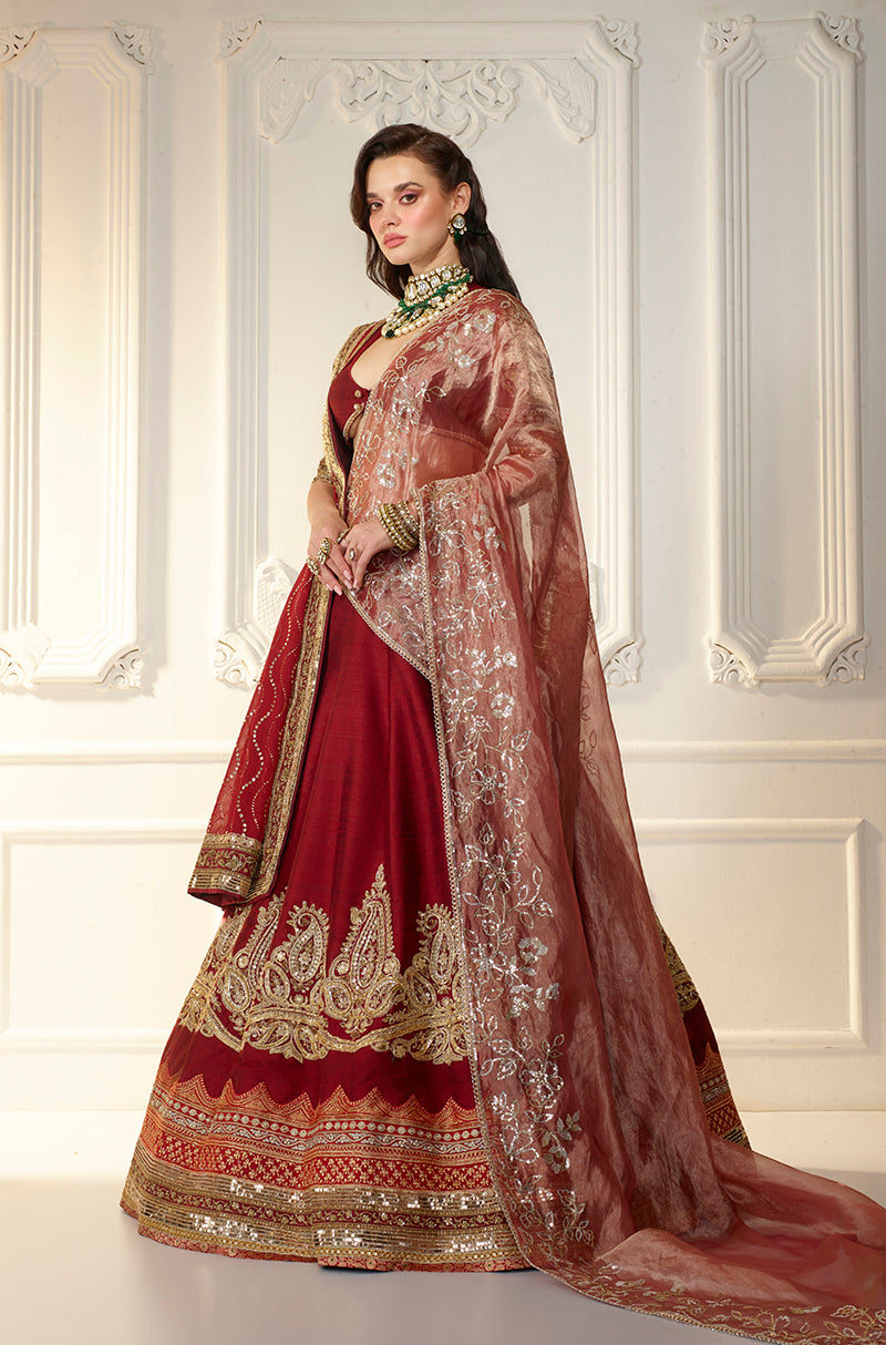 Maroon Raw Silk Paisley Patch 
Embroidered Lehenga Set