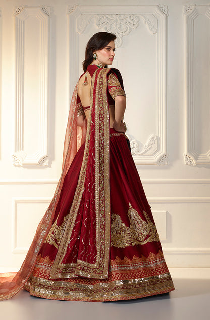 Maroon Raw Silk Paisley Patch 
Embroidered Lehenga Set