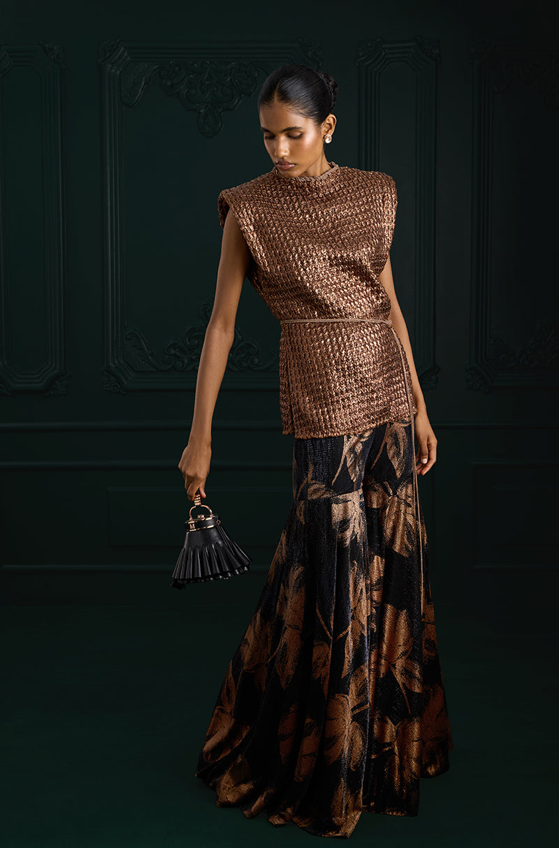 Copper Black Print Knit Foil Kurta Set